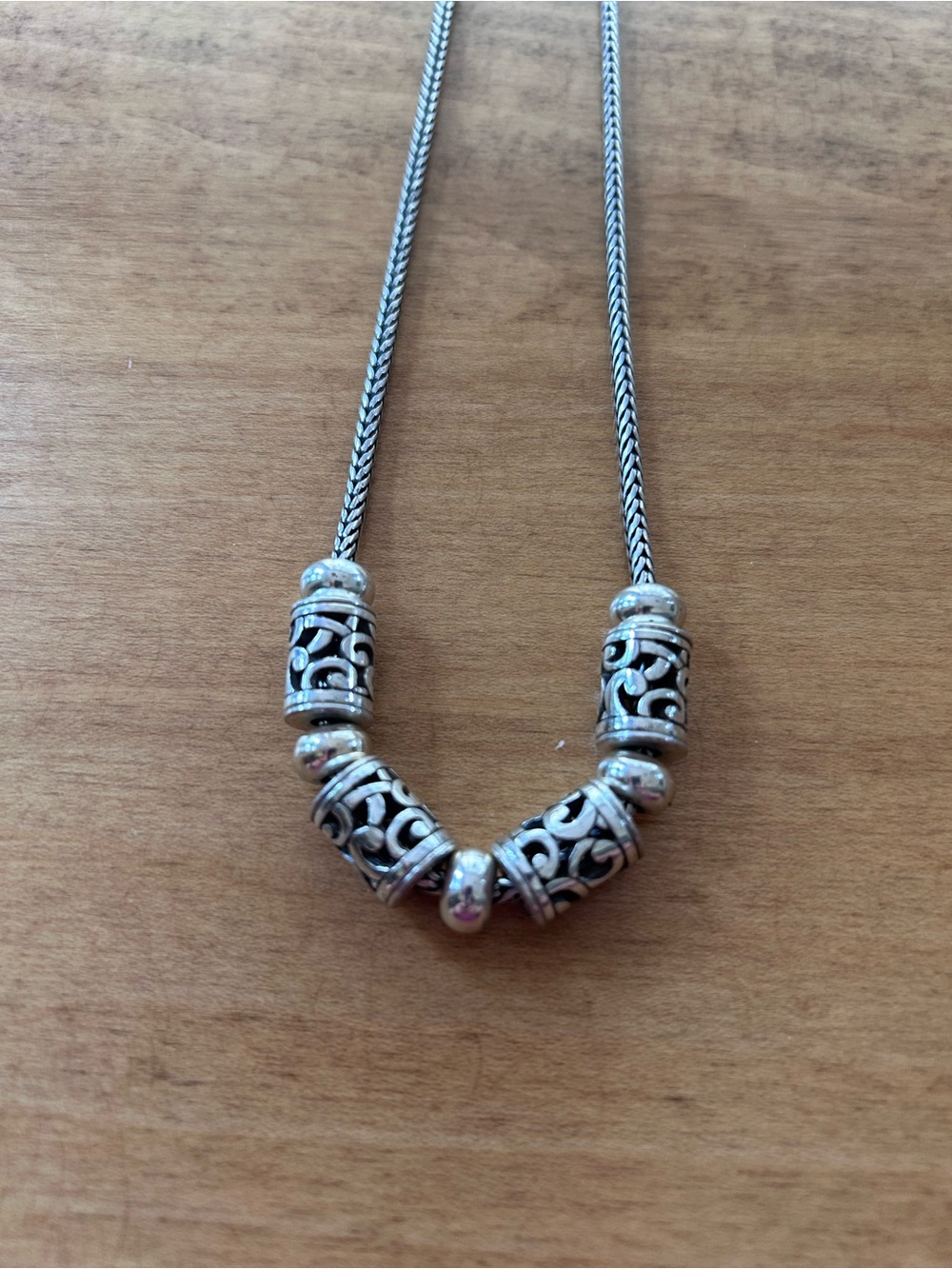 Brighton Retired Deco Lace Barrel Beaded Silver-Plated Necklace.